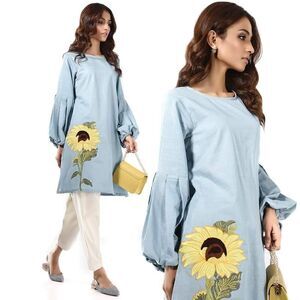 Sana Safinaz Long-Sleeve Sunflower Embroidered Winter Shirt Size S J2